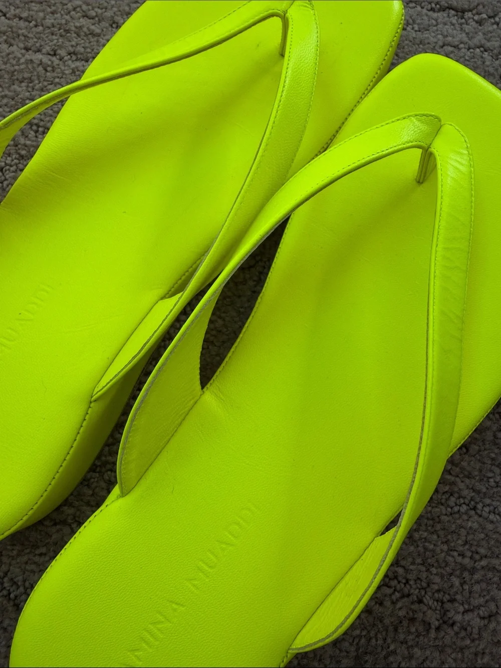Amina Muaddi Neon Yellow Square-Toe Flip Flop Sandals